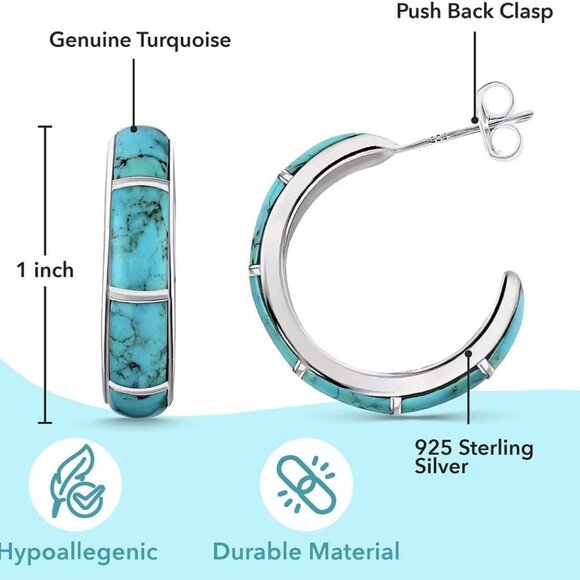 Sterling Silver Turquoise Hoop Earrings Women Gift Jewelry Wedding Anniversary - Picture 3 of 6